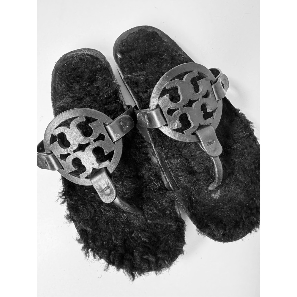 Tory Burch Miller Cloud Shearling Sandals Black Leather Platform Thong Slide 7